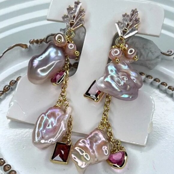 Handmade Freshwater Pink Keshi Pearl Crystal Earrings - Picture 2 of 3